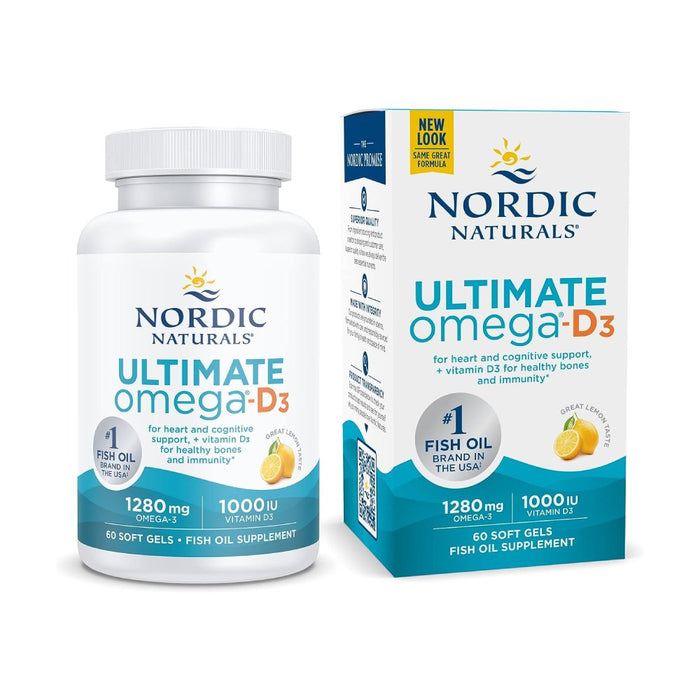 Nordic Naturals Ultimate Omega-D3, 1280 mg Omega + 1000 IU Vitamin D3, Promotes Brain, Heart, Joint, & Immune Health, Lemon Flavor, 60 Soft Gels