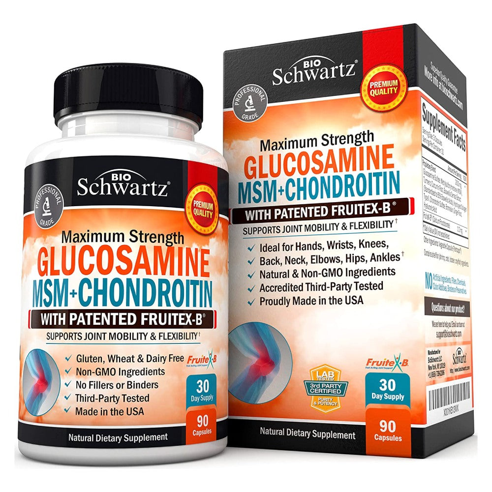 BioSchwartz Glucosamine with MSM & Chondroitin with Fruitex-B, Boswellia Extract and Curcumin Supports Cartilage health & Joint flexibility 90 capsules