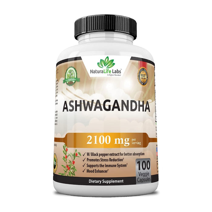 Natura Life Labs Ashwagandha, 2,100 mg, Stress Relief, Mood Enhancer, Immune & Thyroid Support, 100 Vegan Capsules