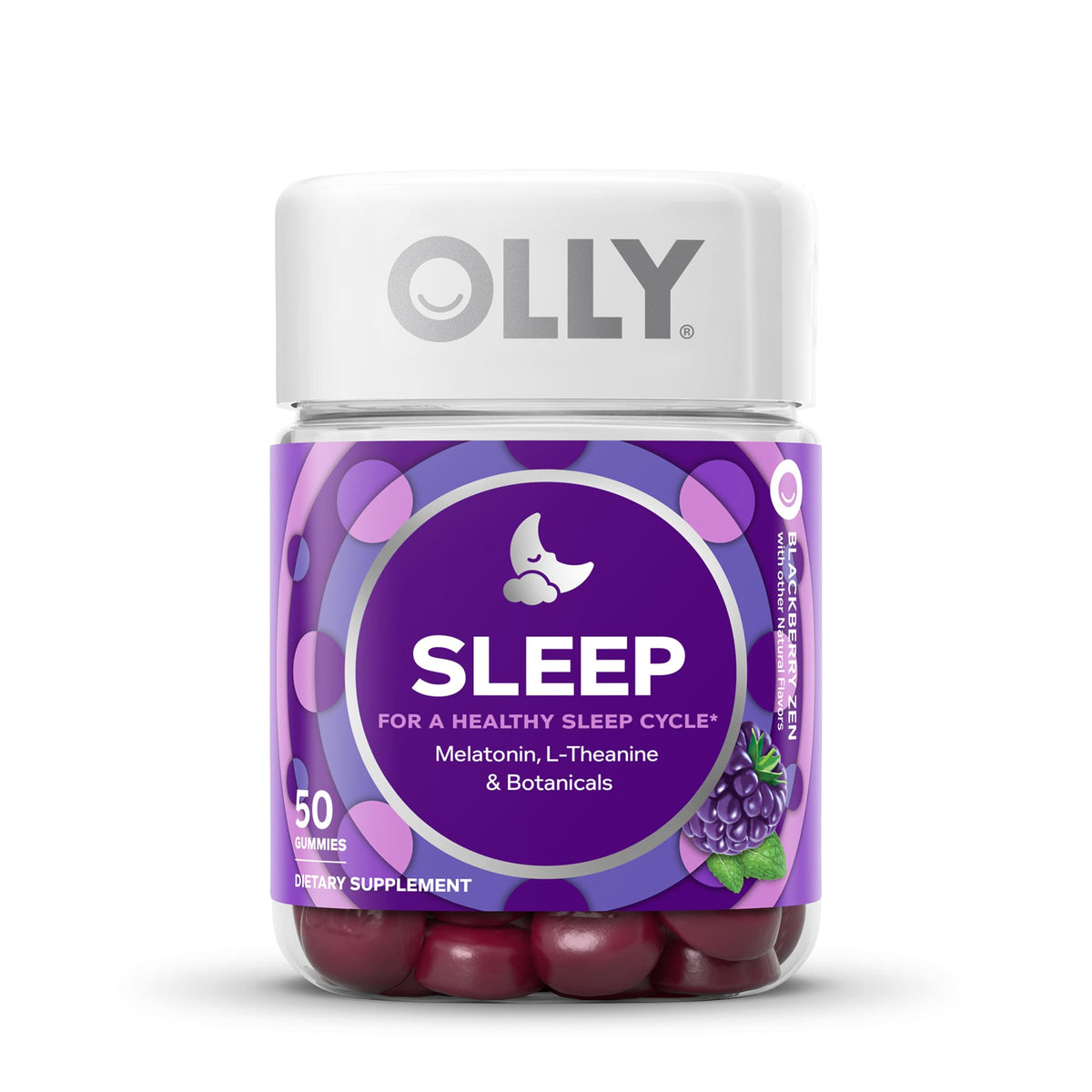 OLLY Sleep For a Healthy Sleep Cycle 3mg Melatonin, L-Theanine, Chamomile & Blackberry, 50 Gummies