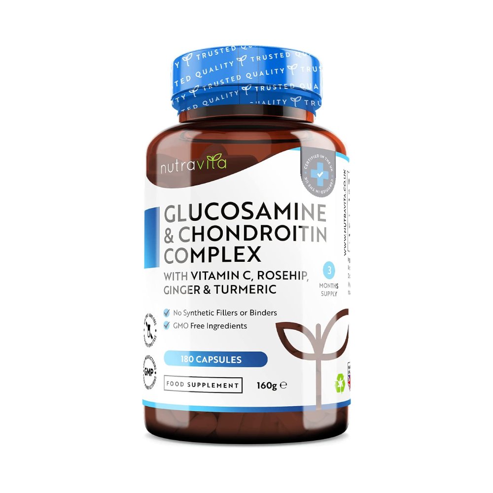 Nutravita Glucosamine and Chondroitin Complex, Contributes to The Maintenance of Normal Immune System, with Vitamin C, Turmeric, Ginger & Rosehip, 180 Capsules