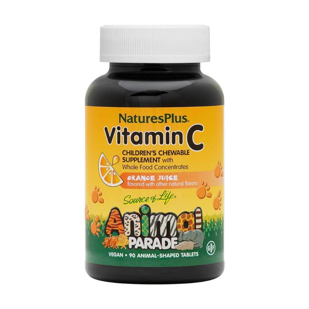 NaturesPlus Animal Parade Vitamin C, Children’s Chewable – Natural Orange Juice Flavor, 90 Animal-Shaped Tablets