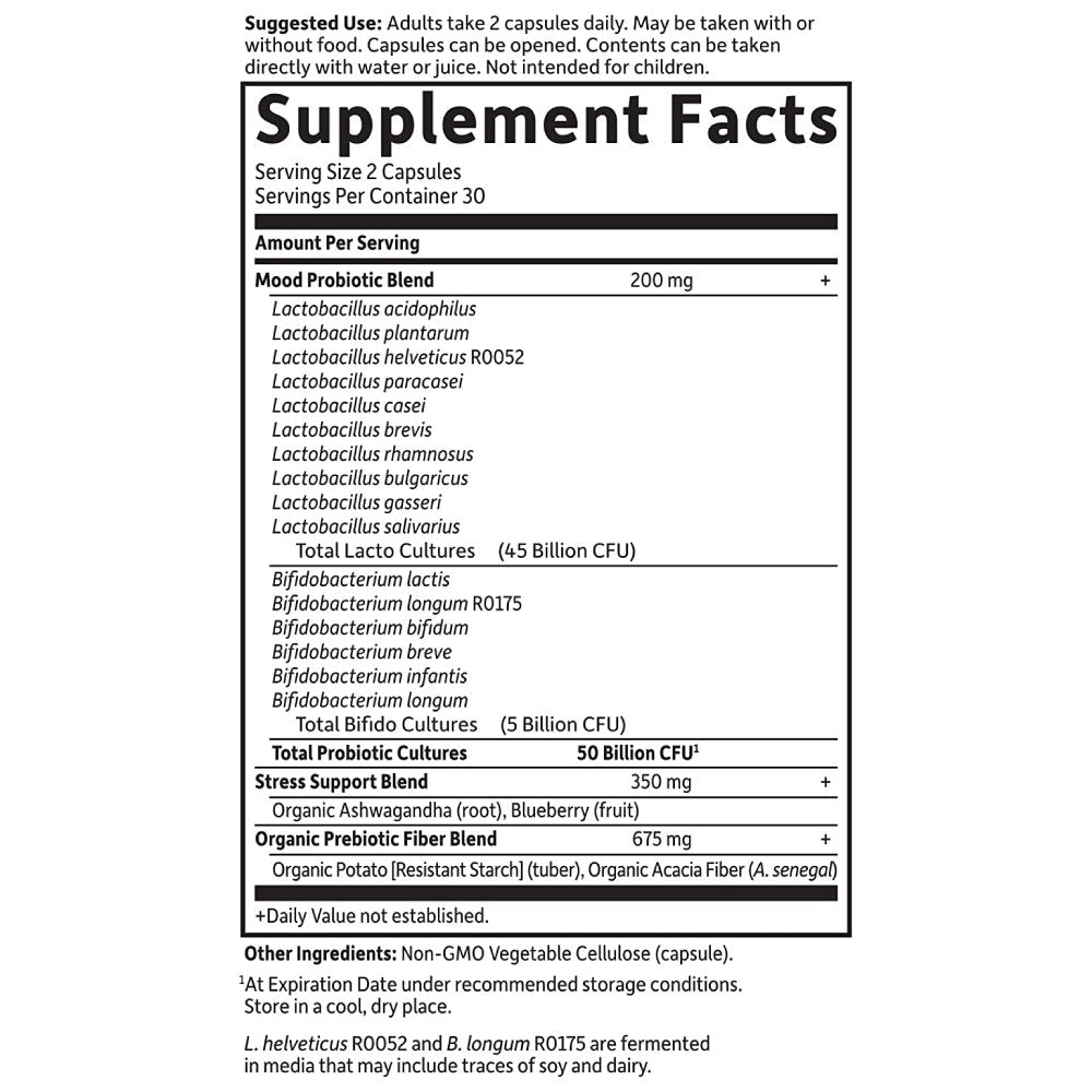 Garden of Life Dr. Formulated Probiotics Mood+, Acidophilus Probiotic Supplement, 50 Billion CFU , Promotes Emotional Well-Being, Digestive Balance & Stress Management, 60 Veggie Capsules