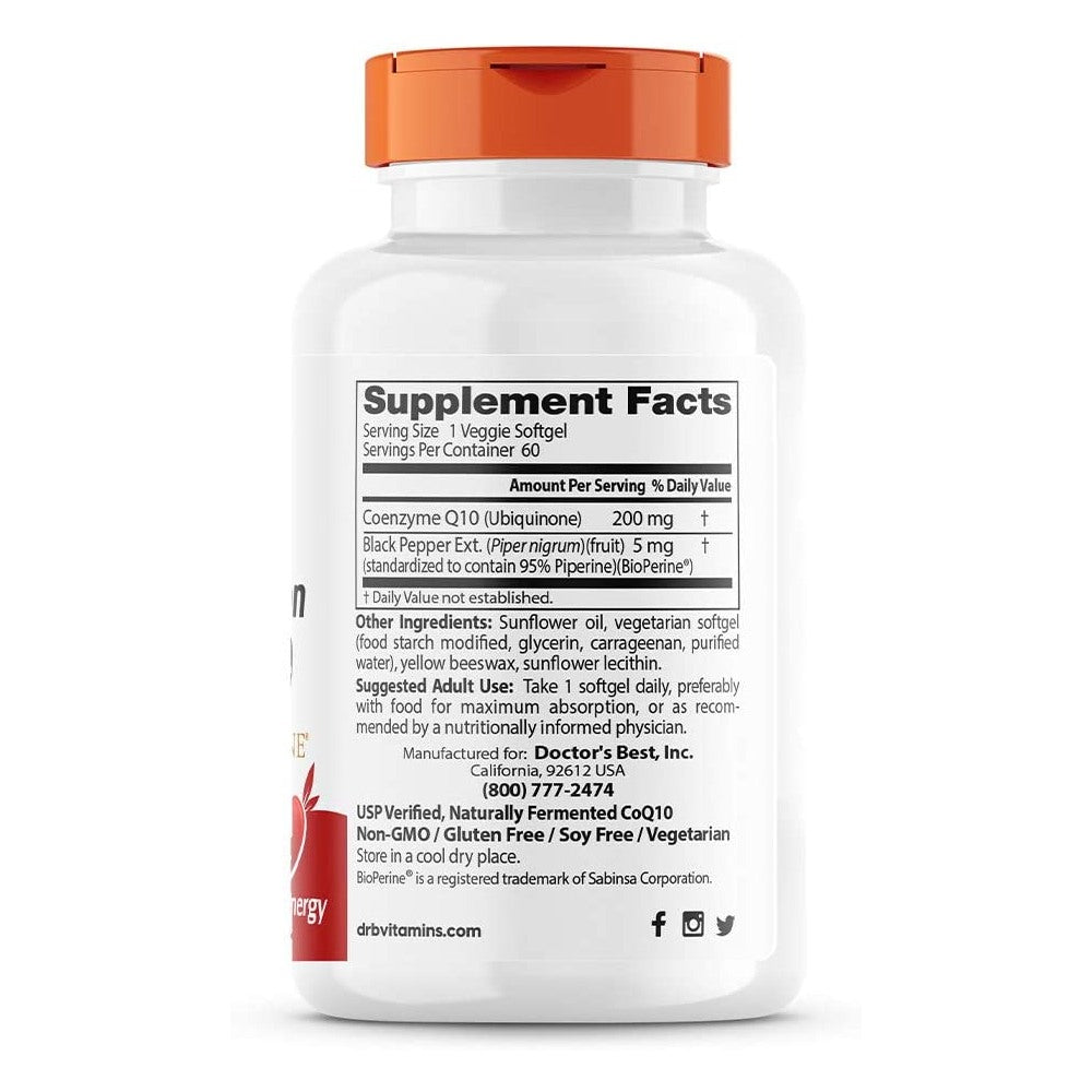 Doctors Best High Absorption CoQ10 with BioPerine 200 mg Heart Health & Energy Production 60 Vegetarian Softgels