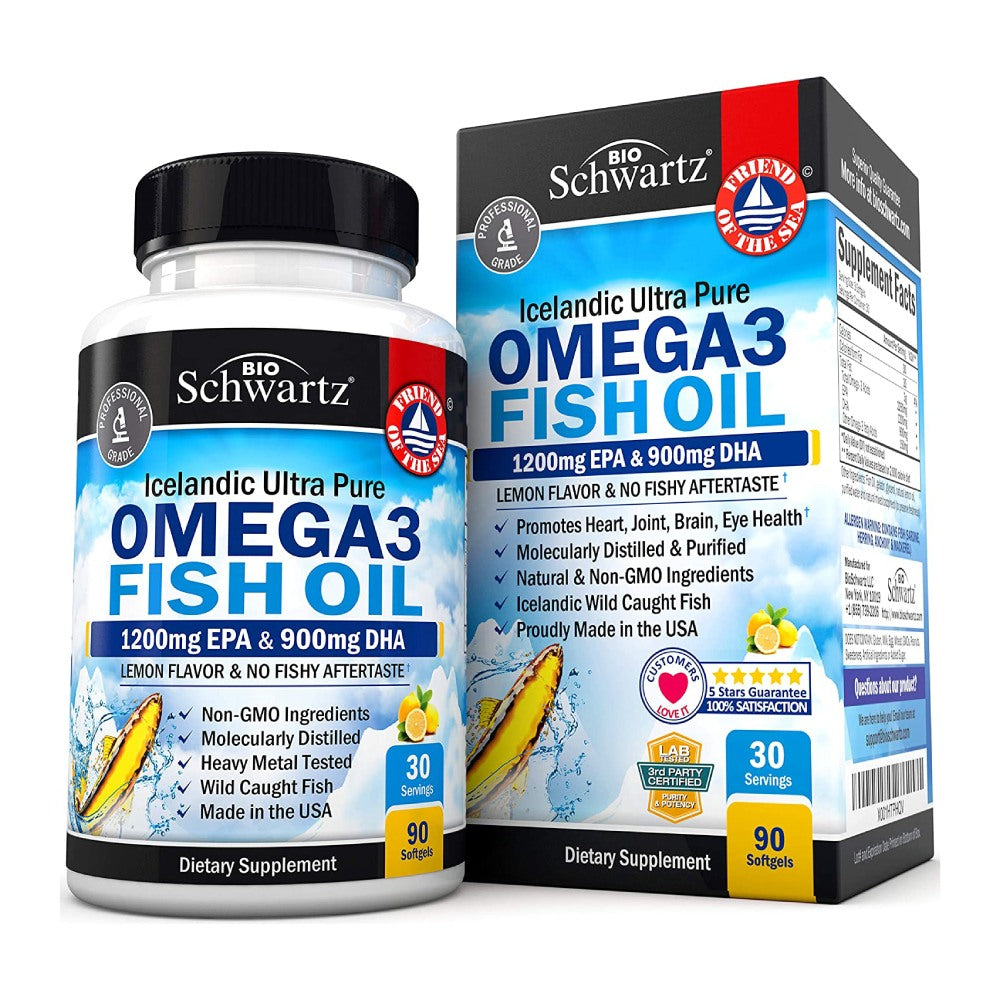 Bioschwartz Fish Oil Omega 3, 1200 mg EPA & DHA 900 mg, Lemon flavor Supports Joint, Eyes, Brain & Skin Health 90 Softgels
