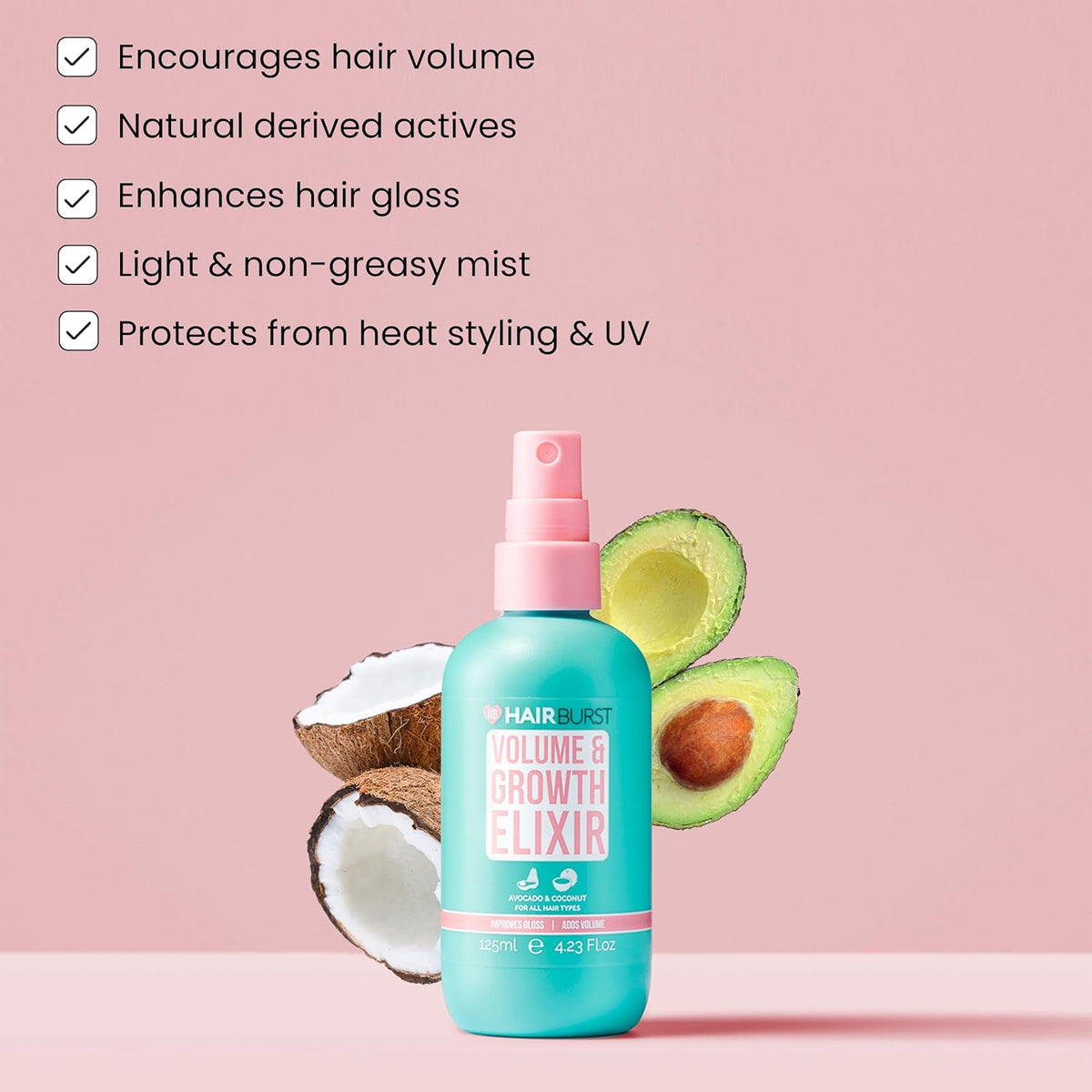 Hair Burst Volume & Growth Elixir Spray, Adds Volume & Reduce Hair Loss, with Avocado and Coconut for All Hair Types, 125 ml