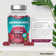 Horbaach - Ashwagandha Gummies, 1200mg, with 5% Withanolides, Natural Raspberry Flavor, Support Mental and Physical Well-being and Reduce Stress, 60 Gummies