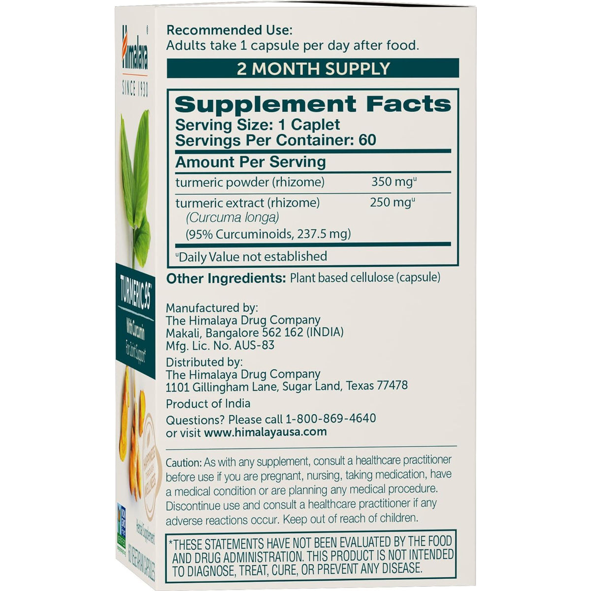 Himalaya Turmeric 95 with Curcumin Joint and Muscle Support Flexibility and Mobility, 60 Vegetarian Capsules
