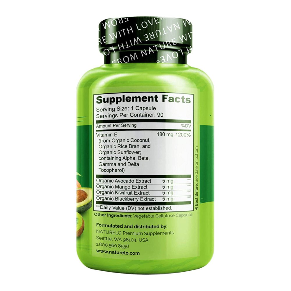 NATURELO Vitamin E, 180 mg (300 IU) of Natural Mixed Tocopherols, Supplement for Healthy Skin, Hair, Nails, Immune & Eye Health, 90 Vegan Capsules