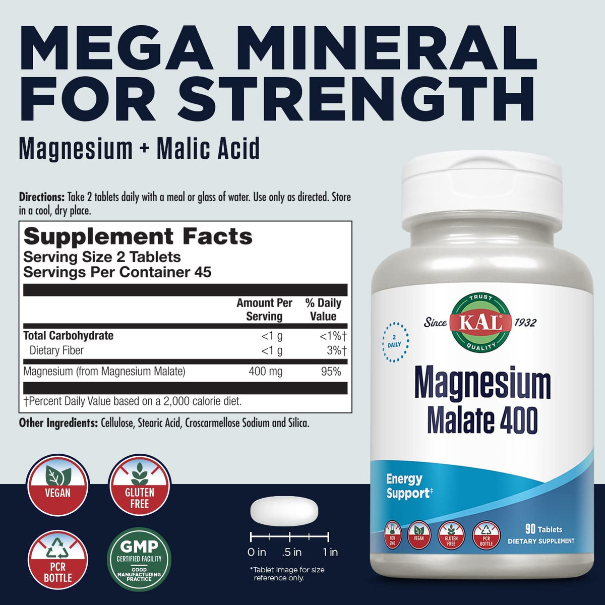 KAL Magnesium Malate 400mg, Healthy Energy & Muscle Function Support, Enhanced Absorption, 90 Veg Tabs