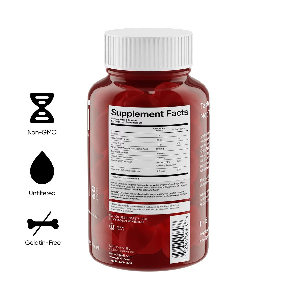 Goli Nutrition Apple Cider Vinegar Gummies, Support Cellular Energy Production and Healthy Immune Function, 60 Pieces