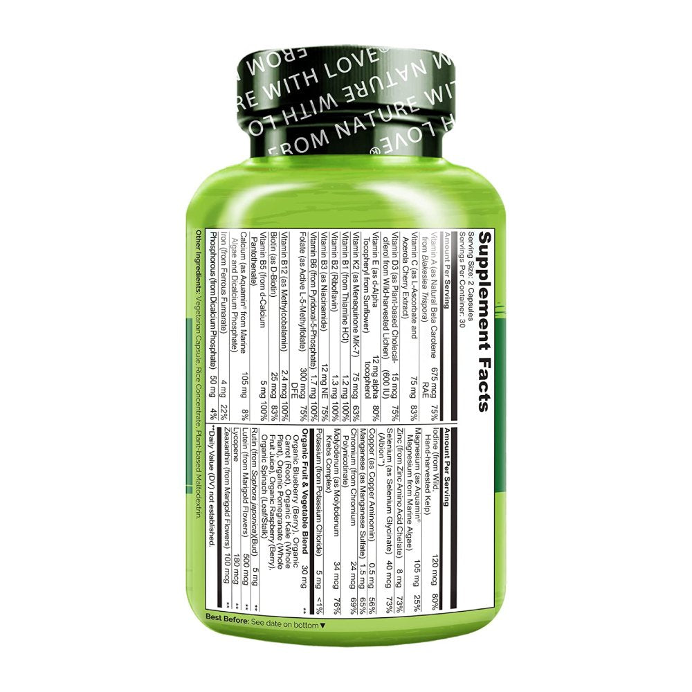 NATURELO Whole Food Multivitamin for Teens, Support Clear Skin, Mental focus, Immune Health, 60 Vegetarian Capsules