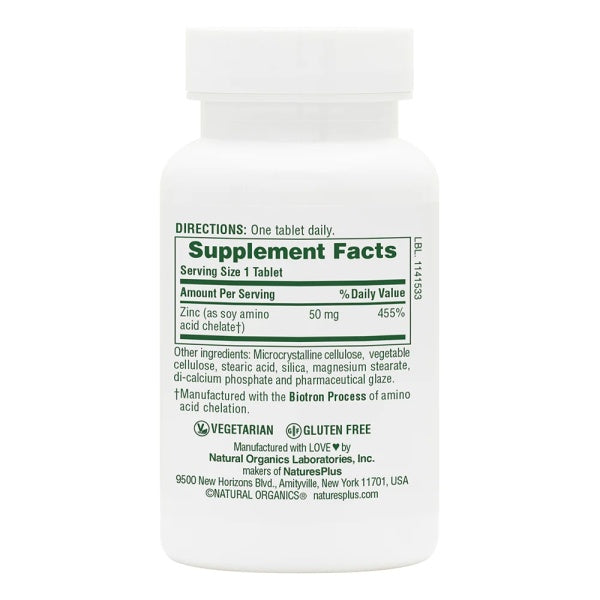 NaturesPlus Zinc Tablets, 50 mg, Immune System Supplement, Promotes Healthy Digestion, 90 Vegetarian Tablets