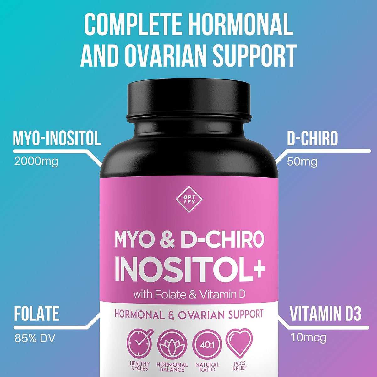 Optify Myo and D-Chiro Inositol+ with Folate and Vitamin D, Healthy Ovarian Support for Women, 120 Vegetarian Capsules