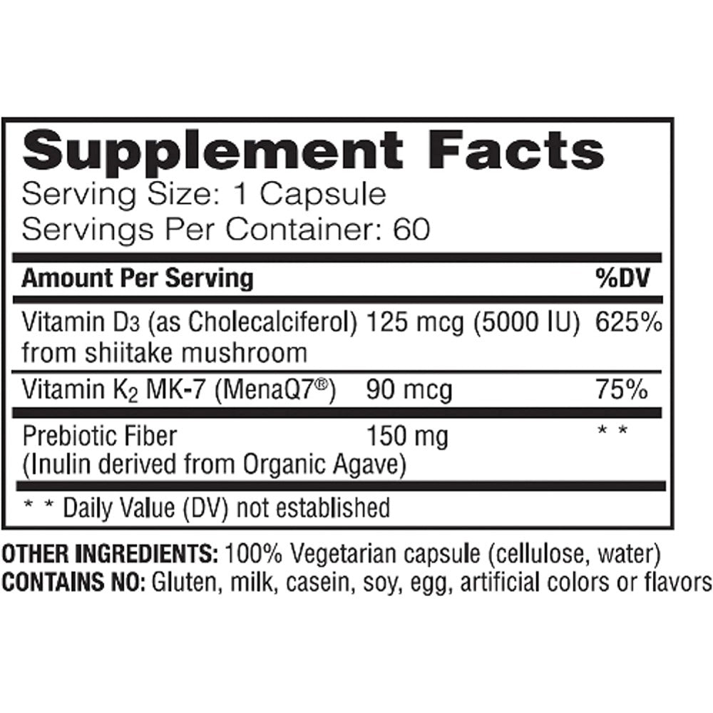 Enzymedica Vegan Vitamin D3 + K2, 5000 IU & 90 mcg, Immune, Bone & Digestive Support 60 Capsules