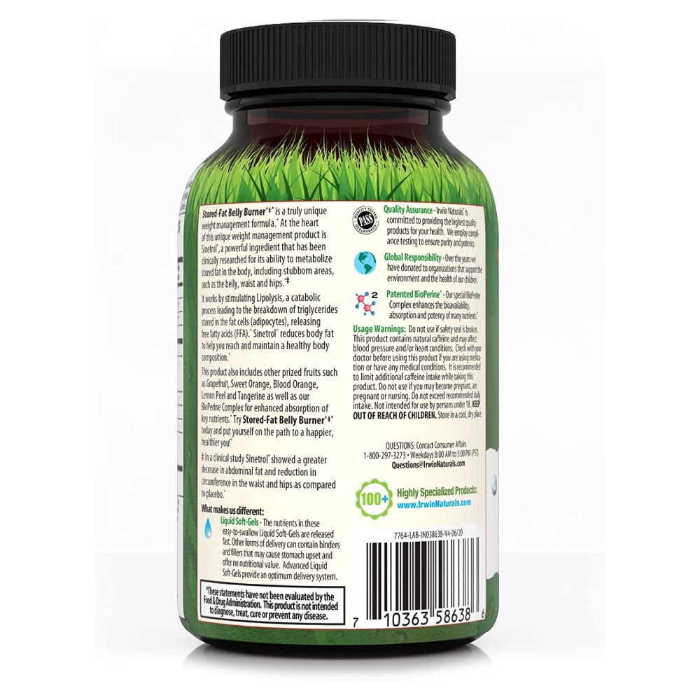 Irwin Naturals Stored-Fat Belly Burner, with Sinetrol, Grapefruit, Sweet Orange & Blood Orange, 60 Liquid Soft-Gels