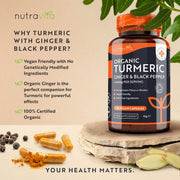 Nutravita Organic Turmeric 1440mg, with Black Pepper & Ginger, Organic Turmeric with Active Ingredient Curcumin, Improves Cardiovascular & Joint Health ,180 Vegan Capsules