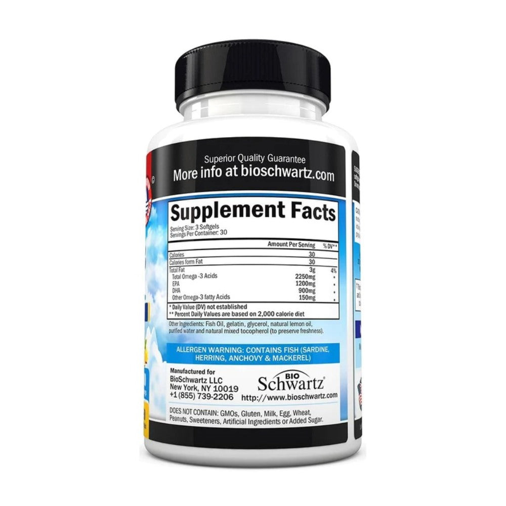 Bioschwartz Fish Oil Omega 3, 1200 mg EPA & DHA 900 mg, Lemon flavor Supports Joint, Eyes, Brain & Skin Health 90 Softgels
