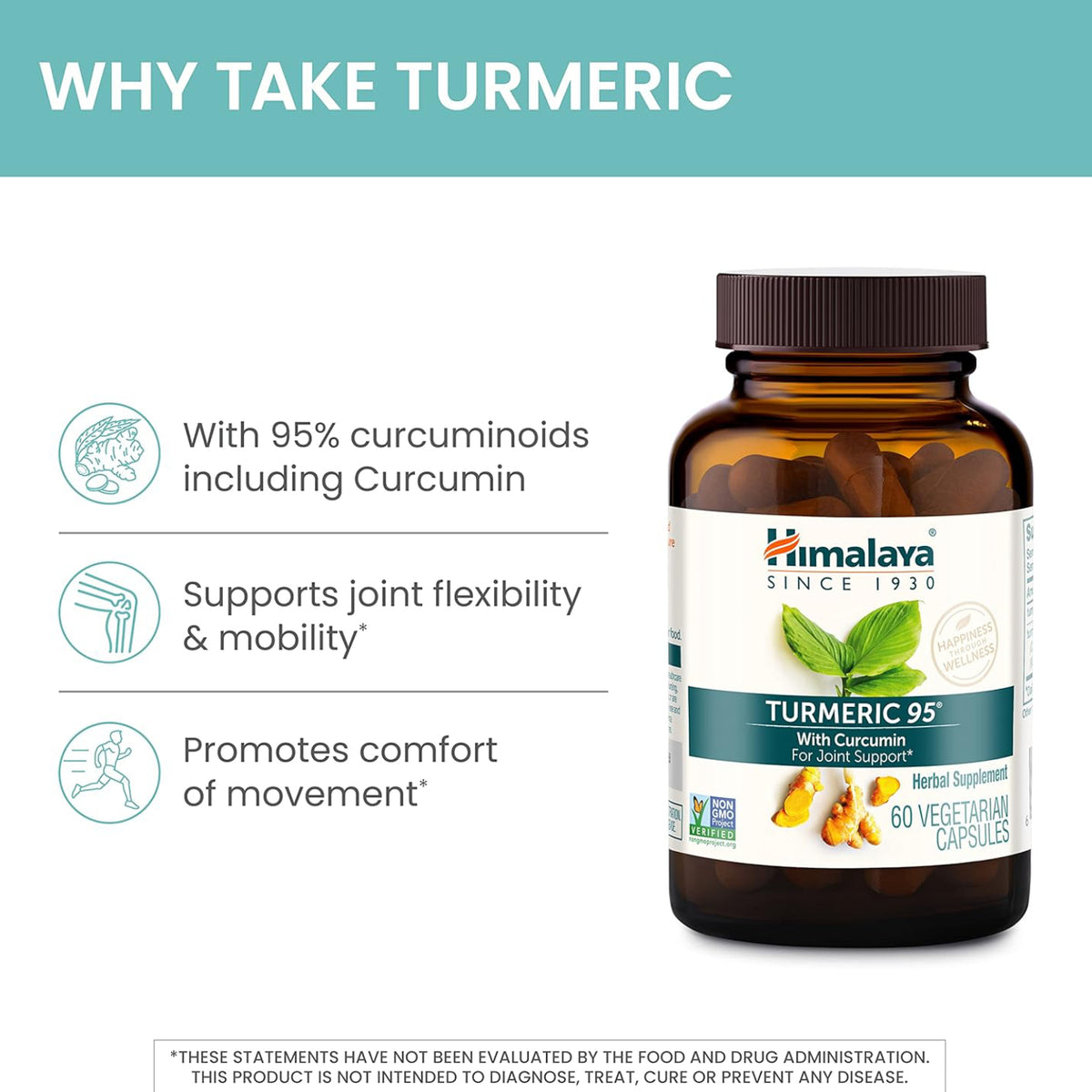 Himalaya Turmeric 95 with Curcumin Joint and Muscle Support Flexibility and Mobility, 60 Vegetarian Capsules