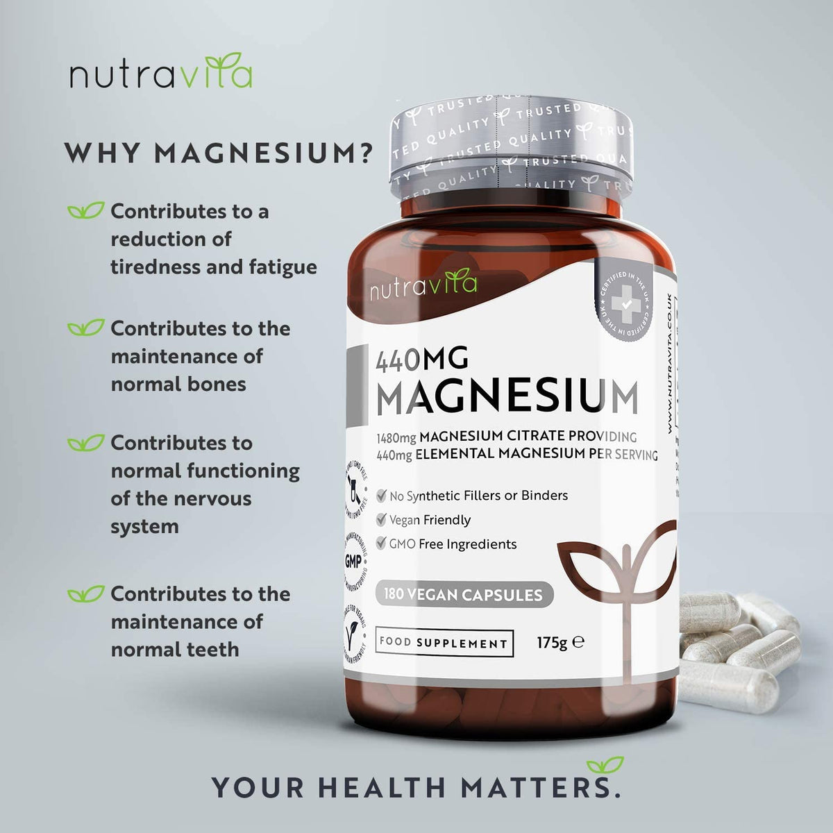 Nutravita Magnesium 1480mg, Magnesium Citrate Capsules, High Absorption, for Nervous System & Immune System, 180 Vegan Capsules