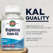 KAL Magnesium Malate 400mg, Healthy Energy & Muscle Function Support, Enhanced Absorption, 90 Veg Tabs