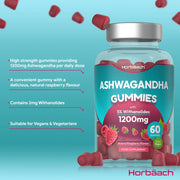 Horbaach - Ashwagandha Gummies, 1200mg, with 5% Withanolides, Natural Raspberry Flavor, Support Mental and Physical Well-being and Reduce Stress, 60 Gummies
