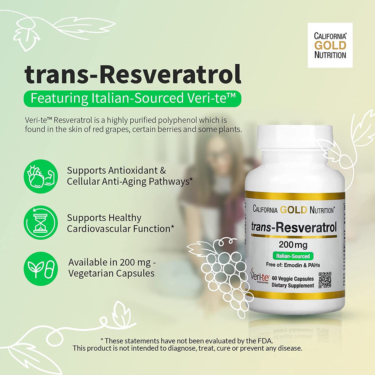 California Gold Nutrition Trans Resveratrol 200mg Supports Healthy Cardiovascular Function, Hair, Skin & Nails 60 Veggie Capsules