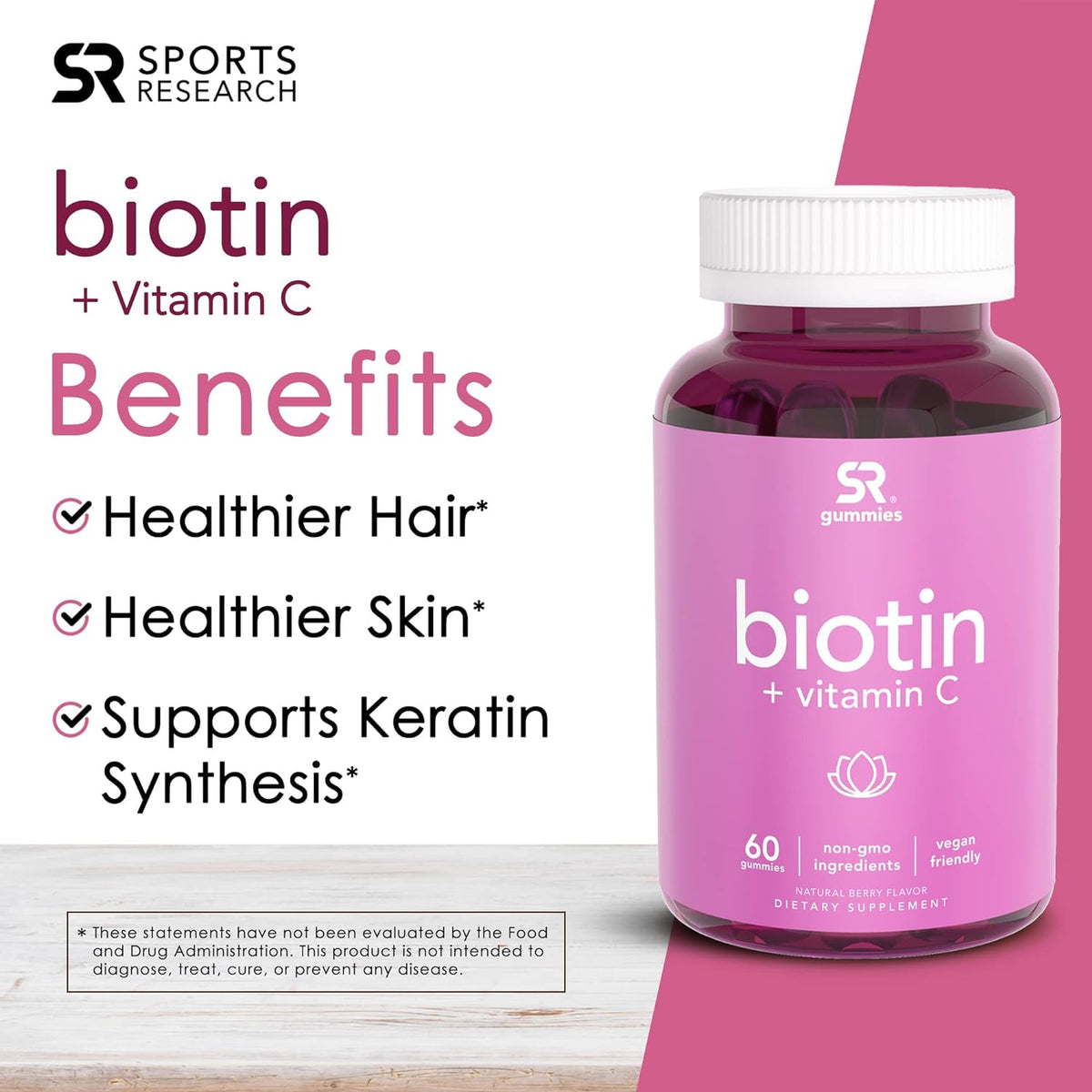 Sports Research – Biotin + Vitamin C, for Healthier Hair and Healthier Skin, 60 gummies