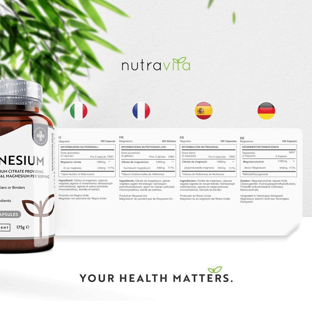 Nutravita Magnesium 1480mg, Magnesium Citrate Capsules, High Absorption, for Nervous System & Immune System, 180 Vegan Capsules