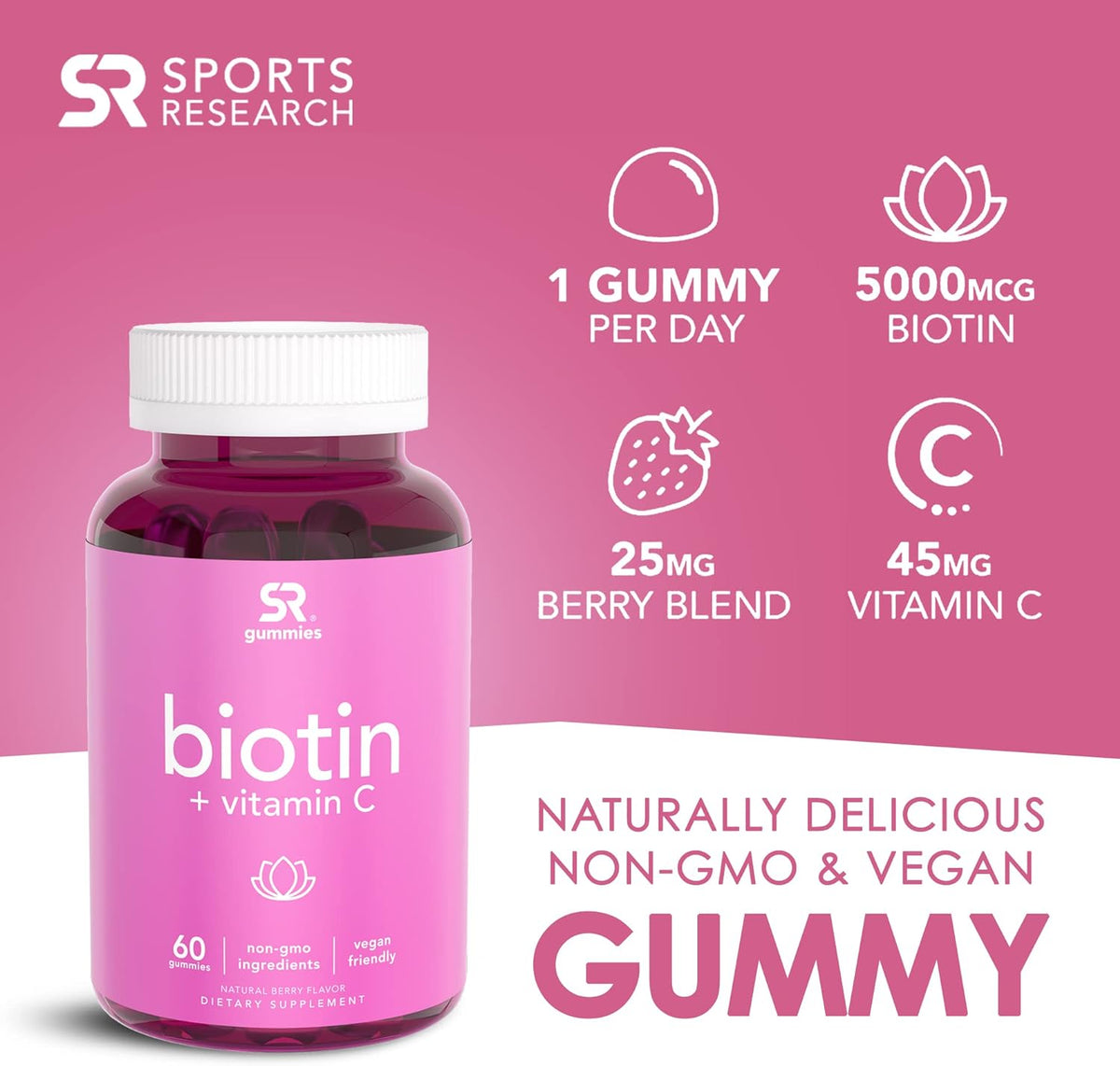 Sports Research – Biotin + Vitamin C, for Healthier Hair and Healthier Skin, 60 gummies