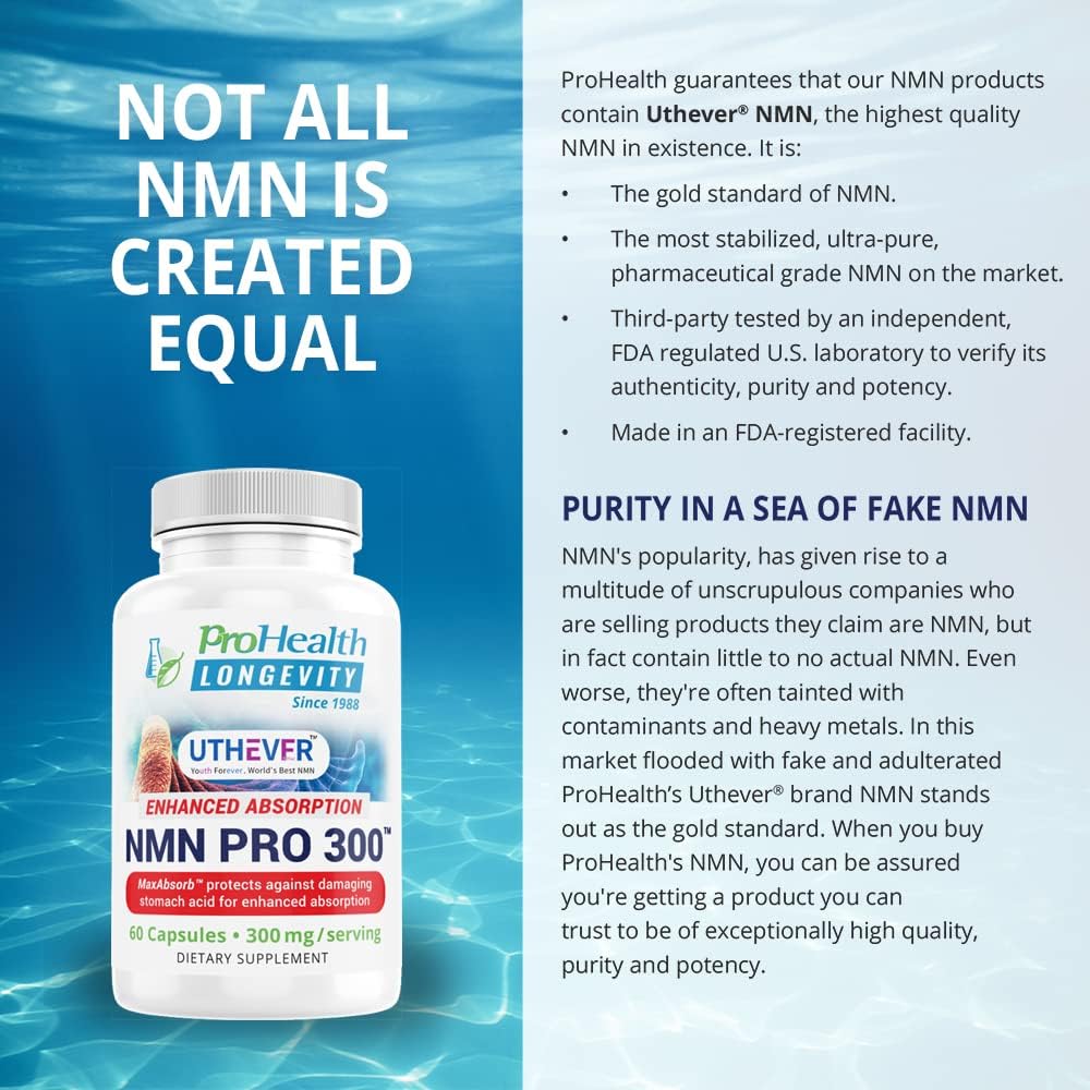 ProHealth Longevity - NMN Pro 300, Enhanced Absorption, Helps Combat Aging, Improves Heart Health and Muscle Strength, 60 capsules