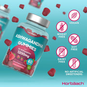 Horbaach - Ashwagandha Gummies, 1200mg, with 5% Withanolides, Natural Raspberry Flavor, Support Mental and Physical Well-being and Reduce Stress, 60 Gummies