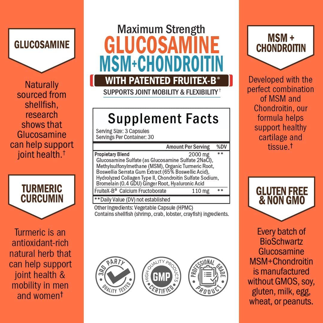 BioSchwartz Glucosamine with MSM & Chondroitin with Fruitex-B, Boswellia Extract and Curcumin Supports Cartilage health & Joint flexibility 90 capsules