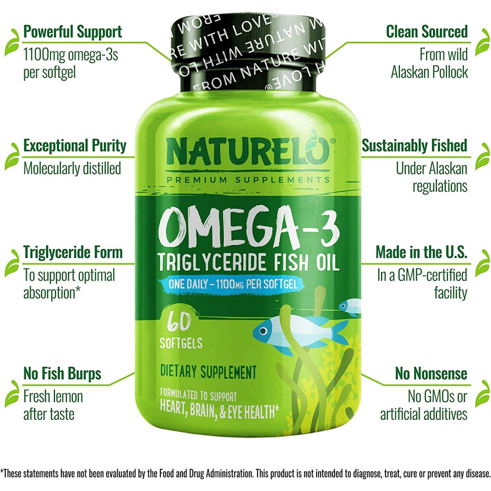 NATURELO Omega-3 Fish Oil Supplement, EPA + DHA, 1100mg Triglyceride Omega-3 per Gel, for Heart, Eye, Brain, Joint Health, No Burps, Lemon Flavor, 60 Softgels