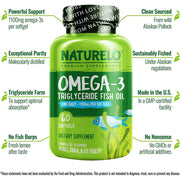 NATURELO Omega-3 Fish Oil Supplement, EPA + DHA, 1100mg Triglyceride Omega-3 per Gel, for Heart, Eye, Brain, Joint Health, No Burps, Lemon Flavor, 60 Softgels