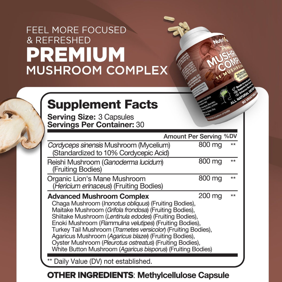 Nutrivein Mushroom Complex 2600mg, 11 Organic Mushrooms Blend, Boosts Immunity and Supports Brain Function, 90 Capsules