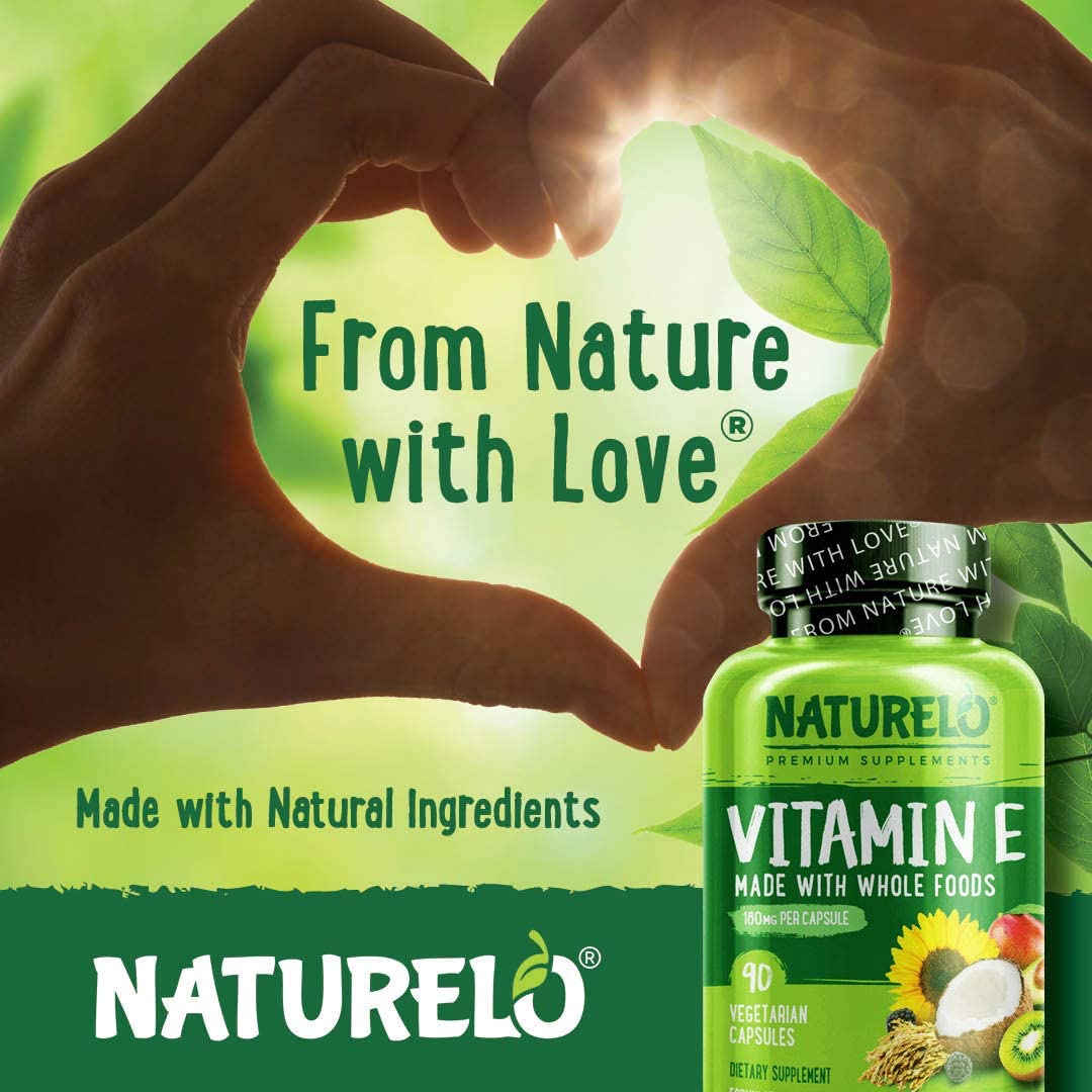 NATURELO Vitamin E, 180 mg (300 IU) of Natural Mixed Tocopherols, Supplement for Healthy Skin, Hair, Nails, Immune & Eye Health, 90 Vegan Capsules