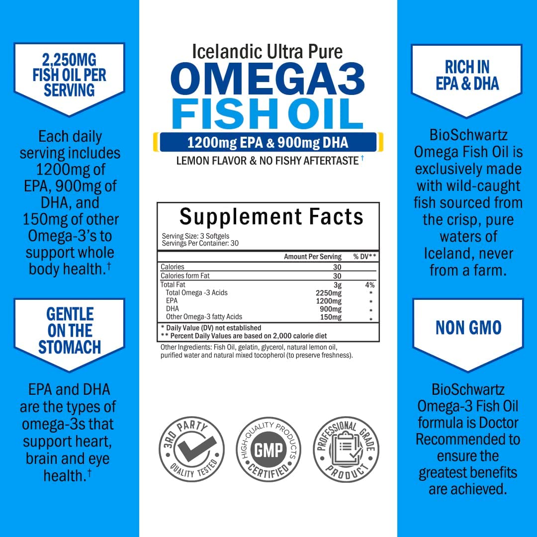 Bioschwartz Fish Oil Omega 3, 1200 mg EPA & DHA 900 mg, Lemon flavor Supports Joint, Eyes, Brain & Skin Health 90 Softgels