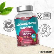 Horbaach - Ashwagandha Gummies, 1200mg, with 5% Withanolides, Natural Raspberry Flavor, Support Mental and Physical Well-being and Reduce Stress, 60 Gummies