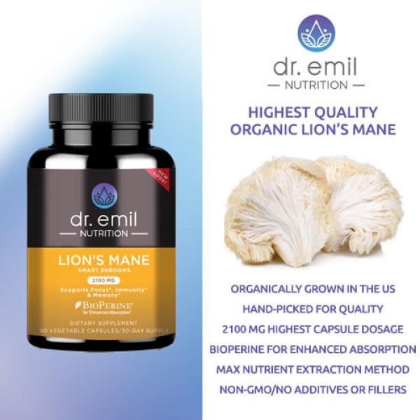 Dr Emil Nutrition Lions Mane, Organic Mushroom, 2100mg, Supplement for Mental Clarity, Focus & Cognitive Support, Brain Boosting 90 Vegetable Capsules