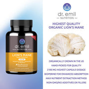 Dr Emil Nutrition Lions Mane, Organic Mushroom, 2100mg, Supplement for Mental Clarity, Focus & Cognitive Support, Brain Boosting 90 Vegetable Capsules