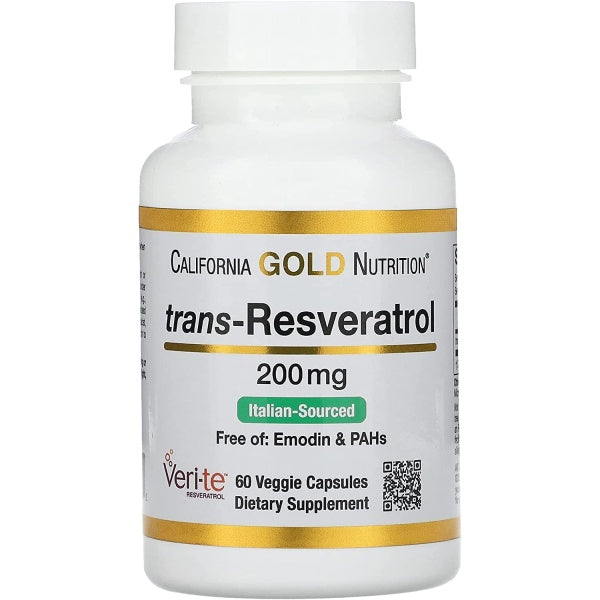 California Gold Nutrition Trans Resveratrol 200mg Supports Healthy Cardiovascular Function, Hair, Skin & Nails 60 Veggie Capsules