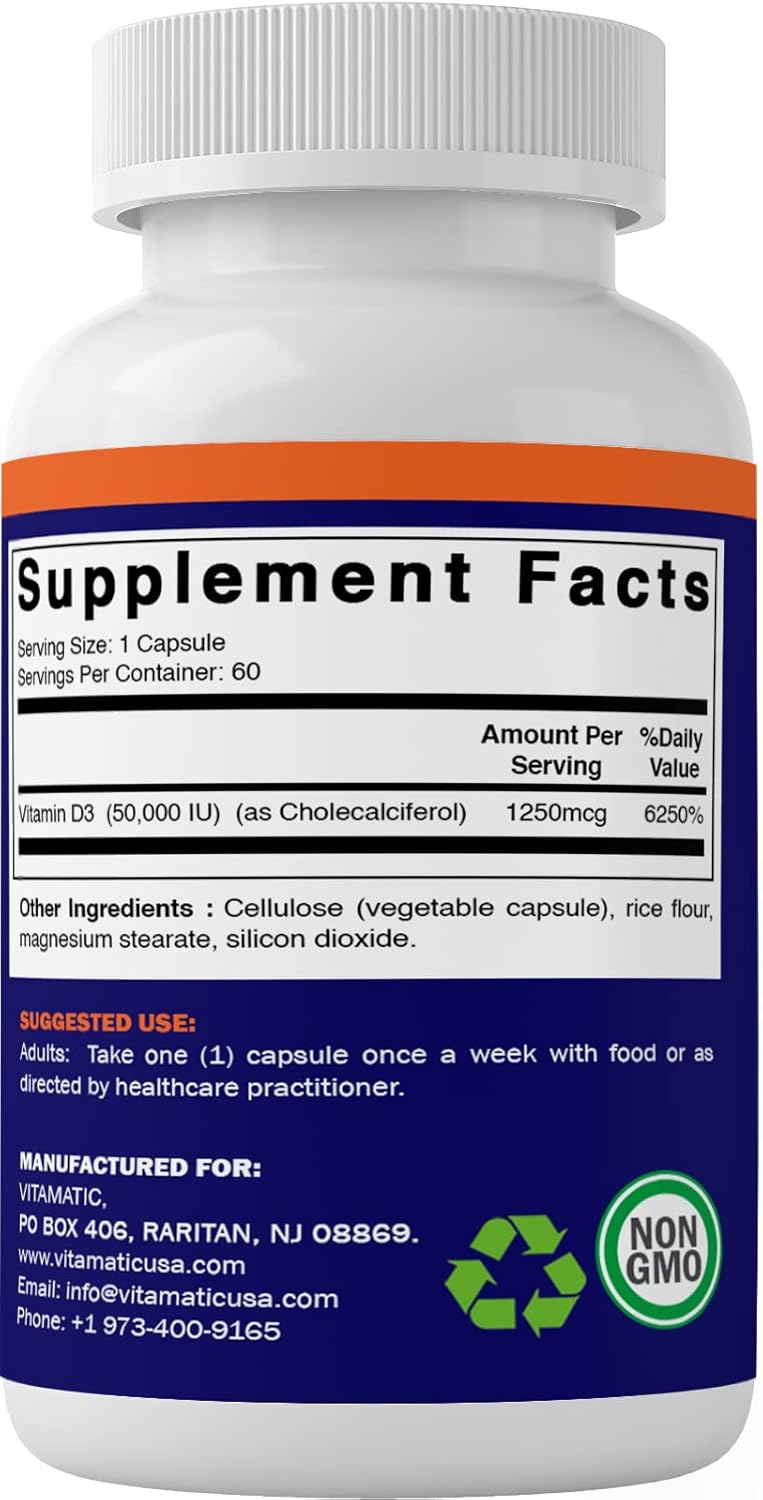 Vitamatic vitamin d3 cholecalferol 50000 iu promotes healthy immune system strengthens bones and teeth 60 veg capsules