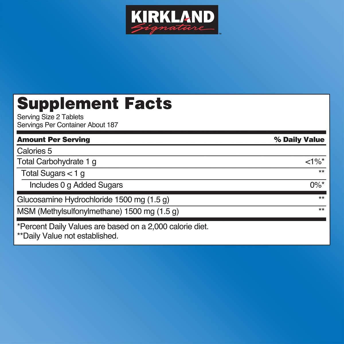 Kirkland Extra Strength Glucosamine 1500 mg & MSM 1500mg TWO Per DAY Contains Sulfur 375 Tablets