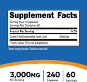 Nutricost Grass-Fed desiccated Beef Liver 3000 mg 240 Capsules