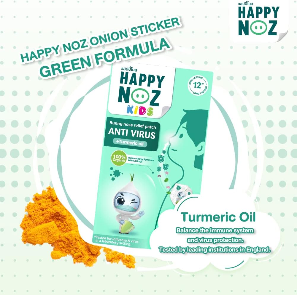 Happy Noz for kids Anti Virus & Allergy Patchs contains Organic Onion Oil, Eucalyptus Oil, Lavender Oil, Peppermint Oil & Turmeric Oil 100% Organic 6 Patchs