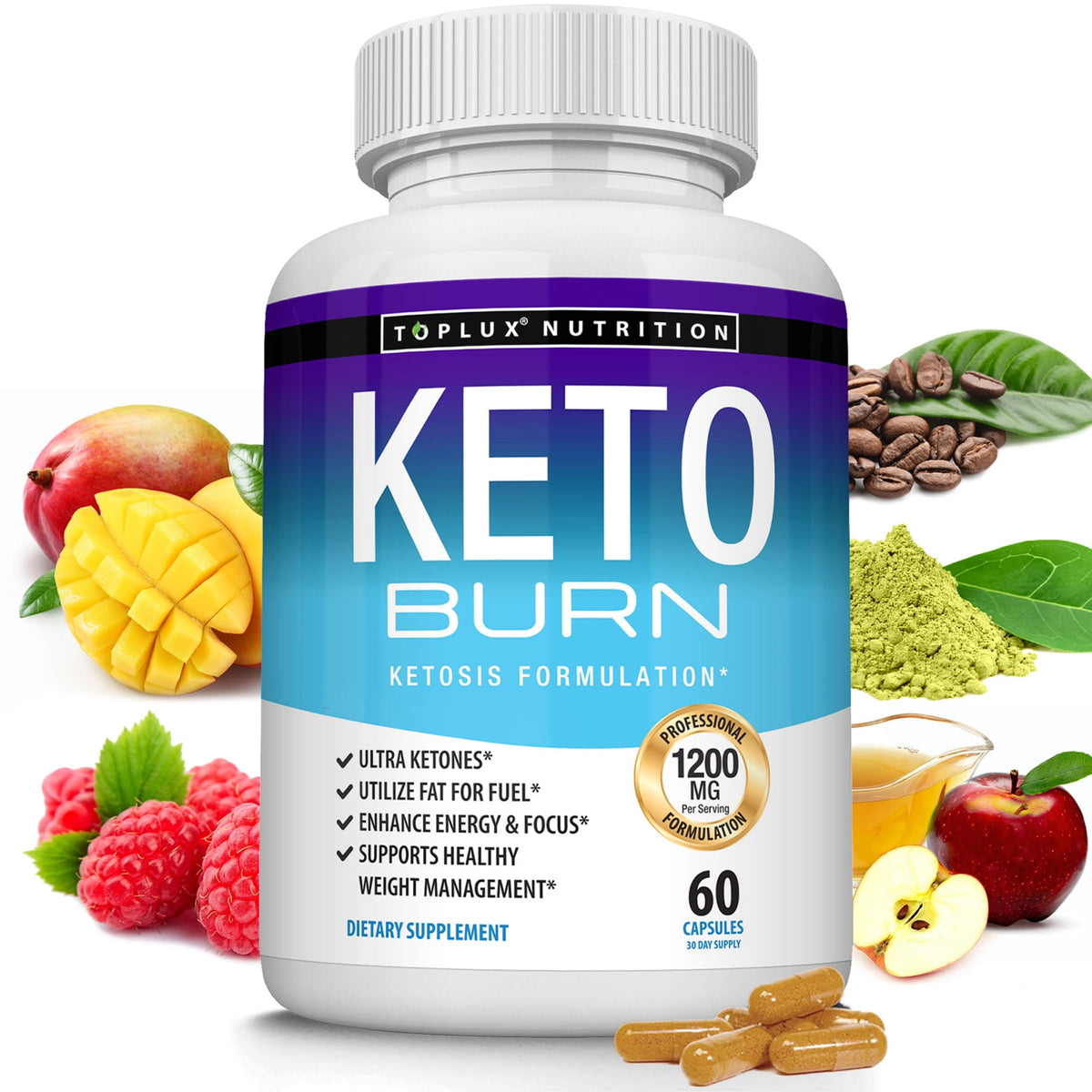 Toplux Nutrition - Keto Burn, Ketosis Weight Loss, 1200 Mg, Burn Fat for Fuel, Enhance Mental Focus, Increase Energy Levels, 60 Capsules