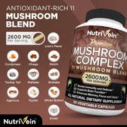 Nutrivein Mushroom Complex 2600mg, 11 Organic Mushrooms Blend, Boosts Immunity and Supports Brain Function, 90 Capsules