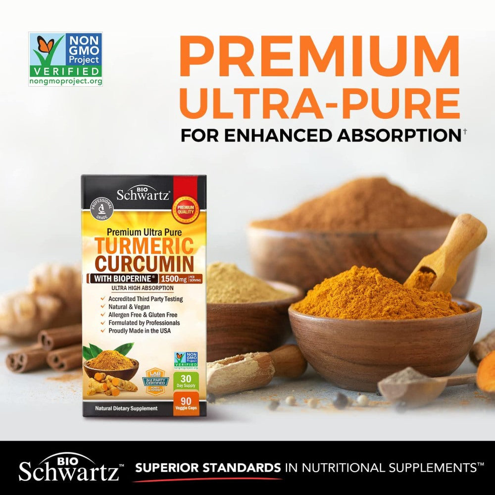 BioSchwartz Turmeric Curcumin with BioPerine 1500mg, Natural Joint & Muscle Support with Black Pepper Extract for Ultra High Absorption 90 Veg Caps
