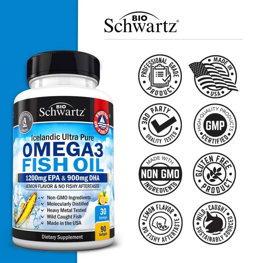 Bioschwartz Fish Oil Omega 3, 1200 mg EPA & DHA 900 mg, Lemon flavor Supports Joint, Eyes, Brain & Skin Health 90 Softgels
